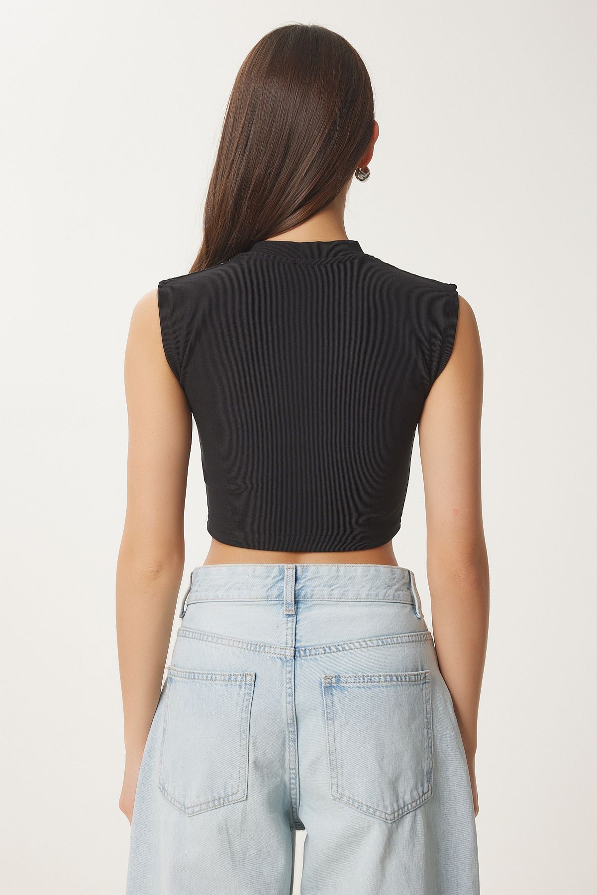Siyah Taşlı Fitilli Crop Bluz KH00099