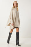 Krem Yandan Yırtmaçlı Oversize Panço Kazak YY00005