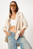 Krem Kapüşonlu Oversize Keten Ceket GP00007