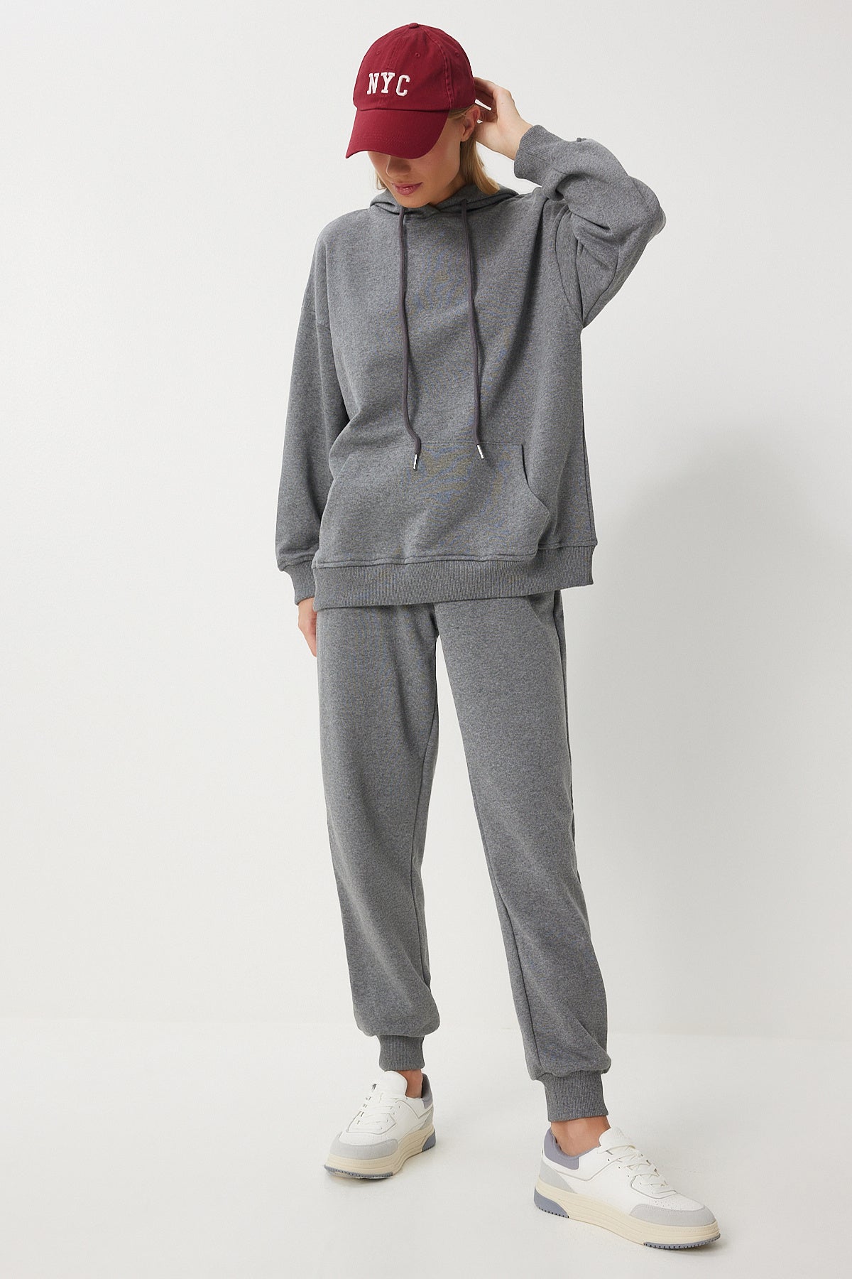 Antrasit Kapüşonlu Sweatshirt Jogger Oversize Örme Eşofman Takımı PYS0027