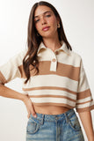 Krem Bej Çizgili Crop Triko Kazak MX00242