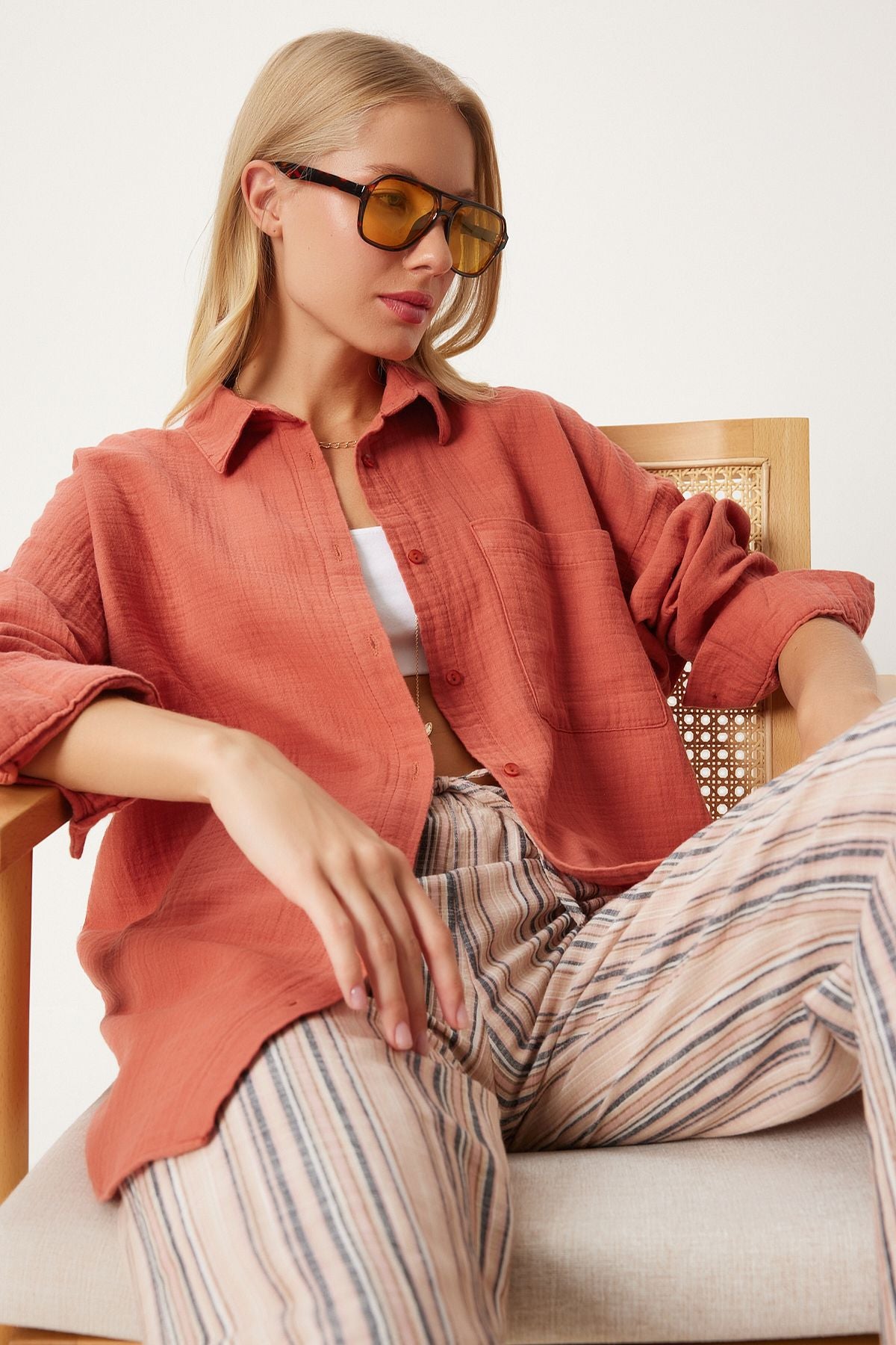 Şeftali Oversize Basic Müslin Gömlek  MX00150