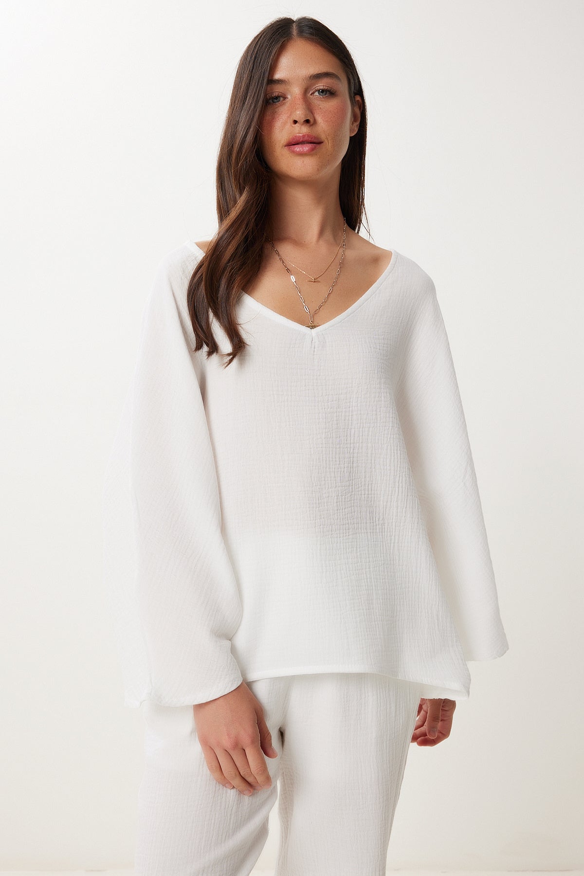 Ekru Müslin Bluz Pantolon Takım  FN03473