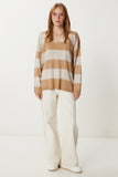Camel Taş Çizgili Oversize Triko Kazak Kİ00164