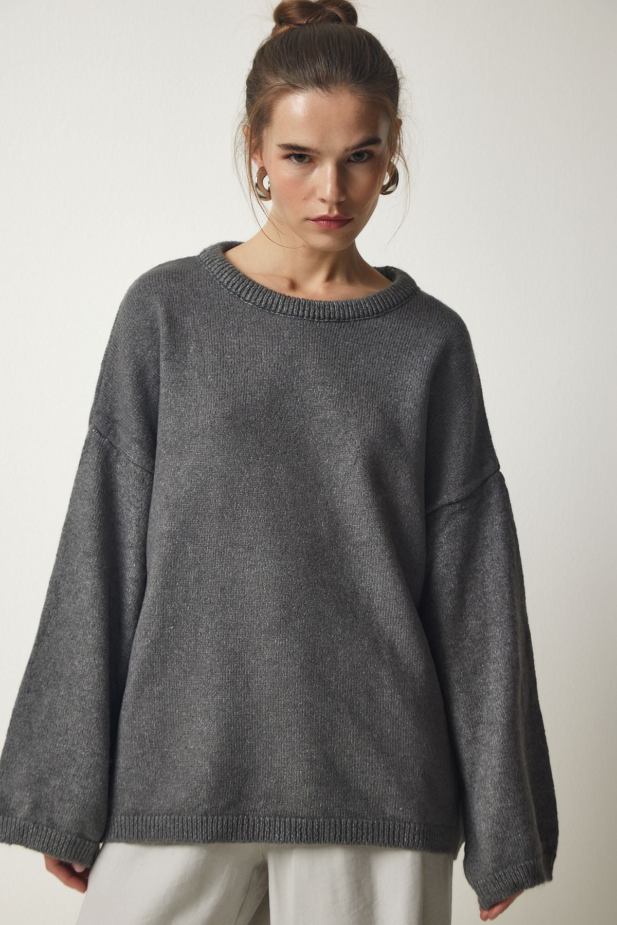 Gri Oversize Basic Triko Kazak KB00034