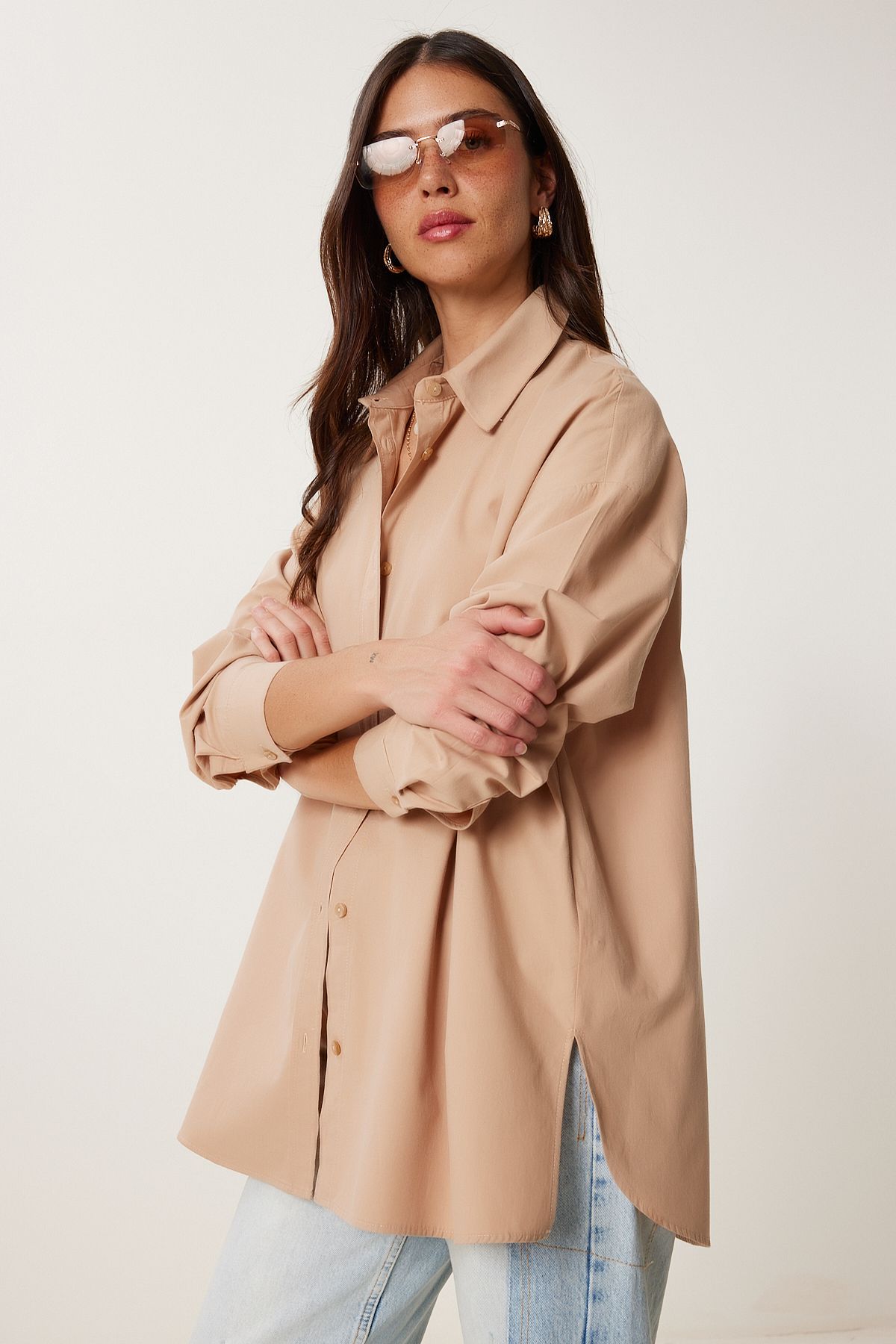 Bej Oversize Poplin Gömlek WF00142