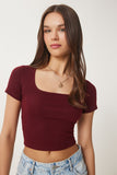 Bordo Basic Crop Örme Bluz FW00007