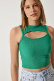 Yeşil Cut Out Detaylı Fitilli Crop Örme Bluz KH00089