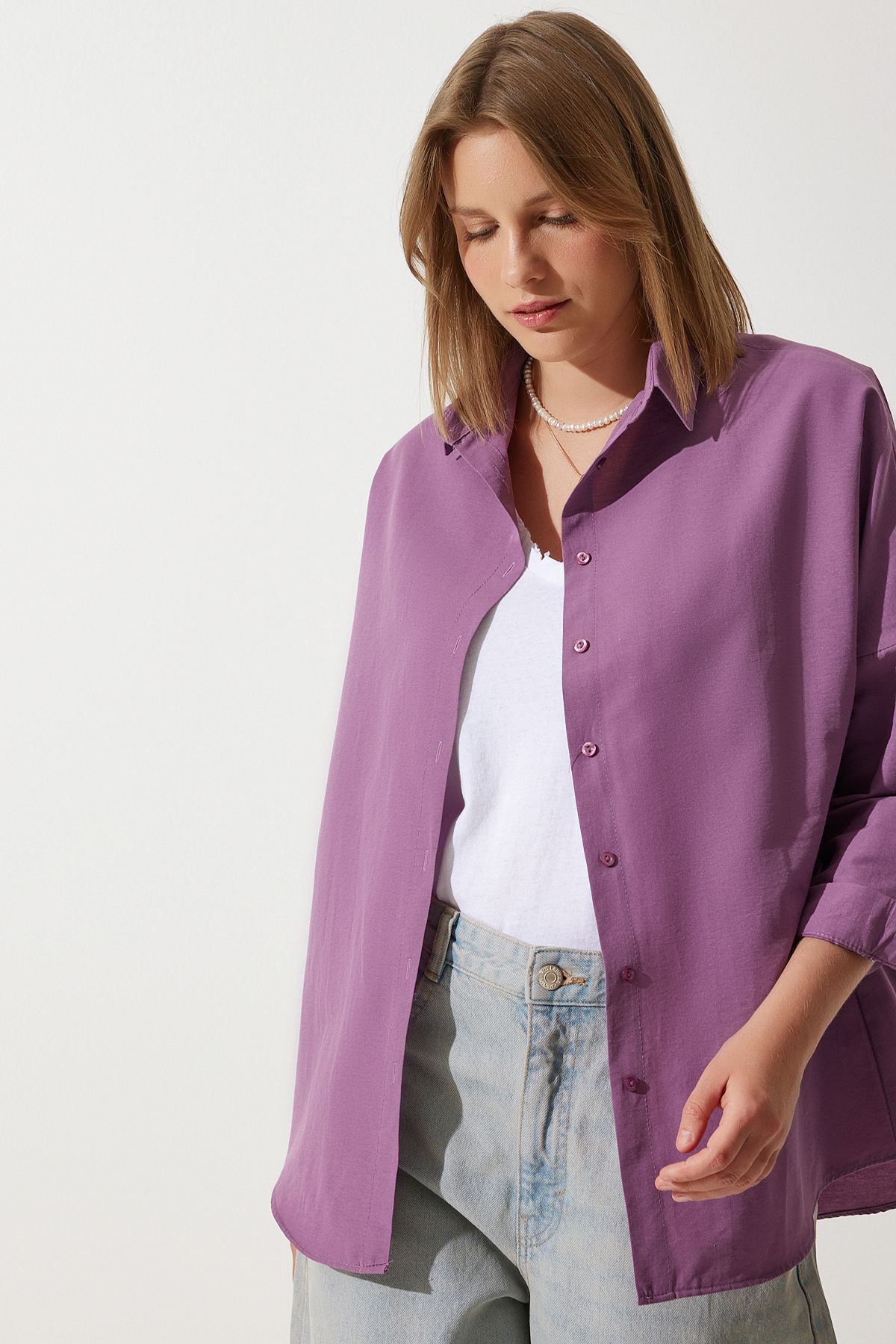 Koyu Lila Oversize Uzun Basic Gömlek DD00842