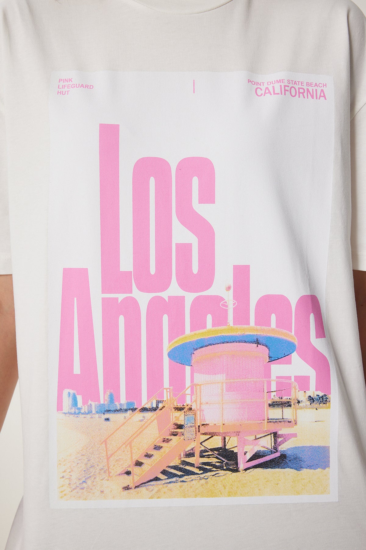 Ekru Baskılı Pamuklu Oversize Örme T-Shirt CR00446