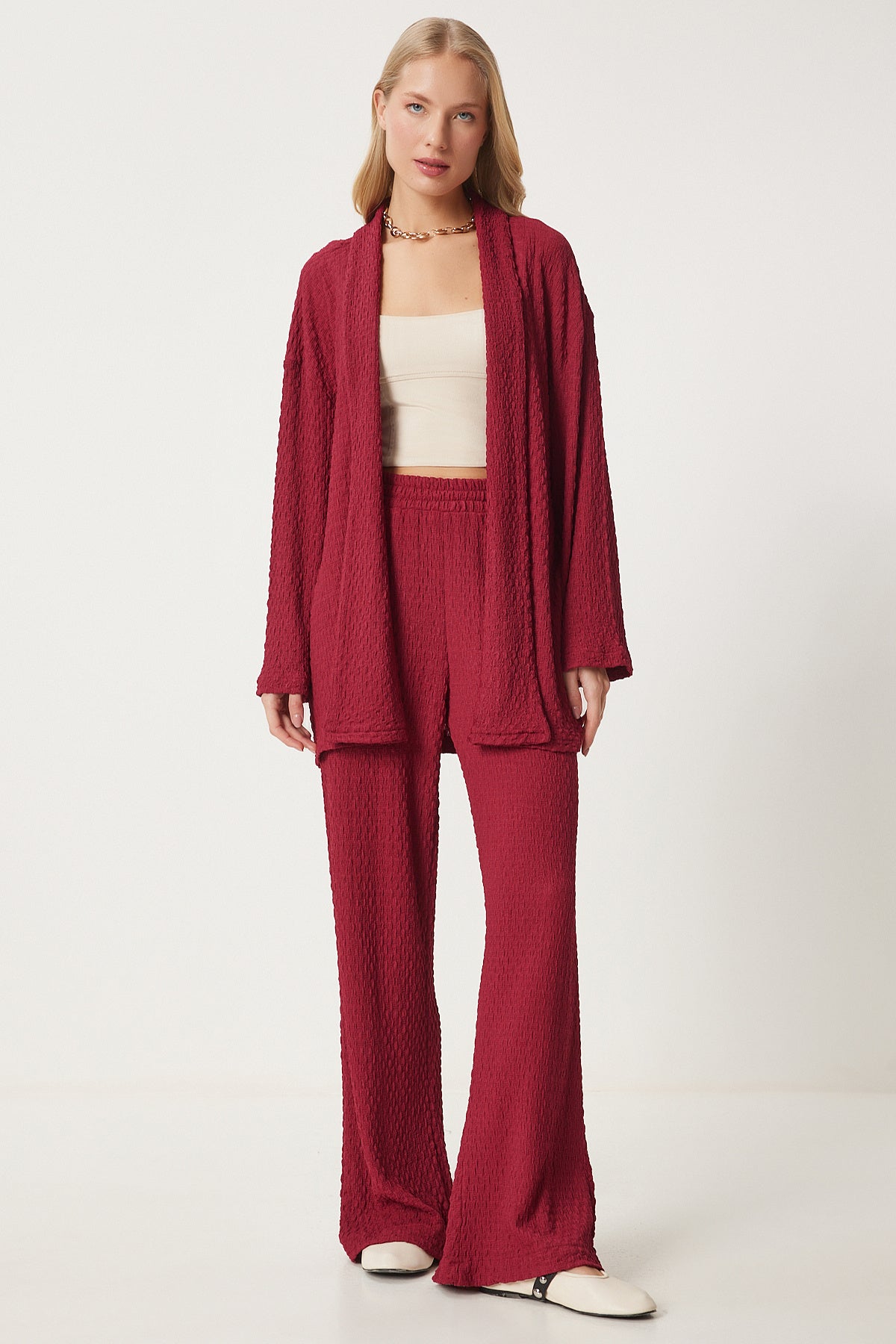 Bordo Dokulu Örme Kimono Pantolon Takım RG00046