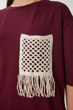 Bordo Oversize Nakış Cepli Örme T-Shirt ZV00277