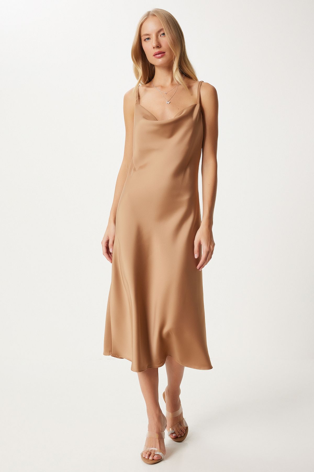 Camel Degaje Yaka Saten Yüzeyli Elbise  FN03300