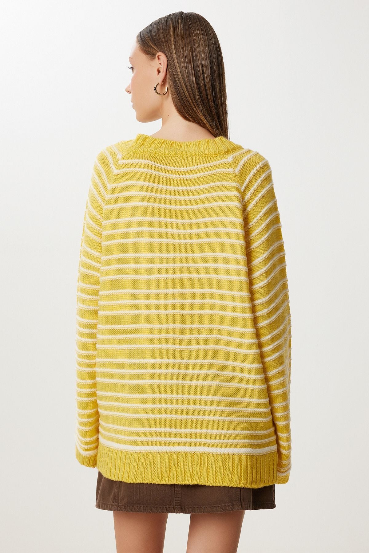 Sarı Kemik Çizgili Oversize Triko Kazak NV00077