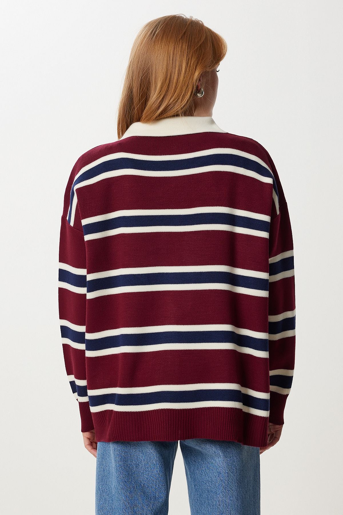 Bordo Lacivert Polo Yaka Çizgili Triko Kazak PF00117