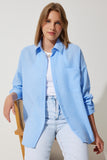 Gök Mavi Oversize Keten Ayrobin Gömlek DD01222