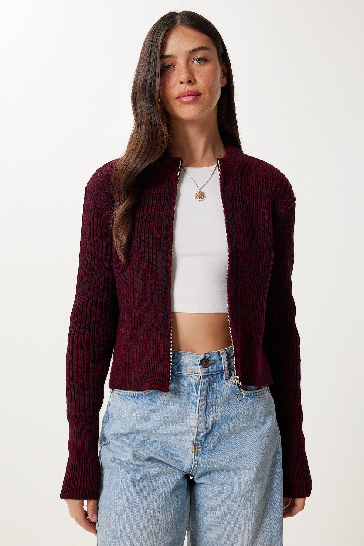 Bordo Dik Yaka Fermuarlı Triko Hırka YY00249