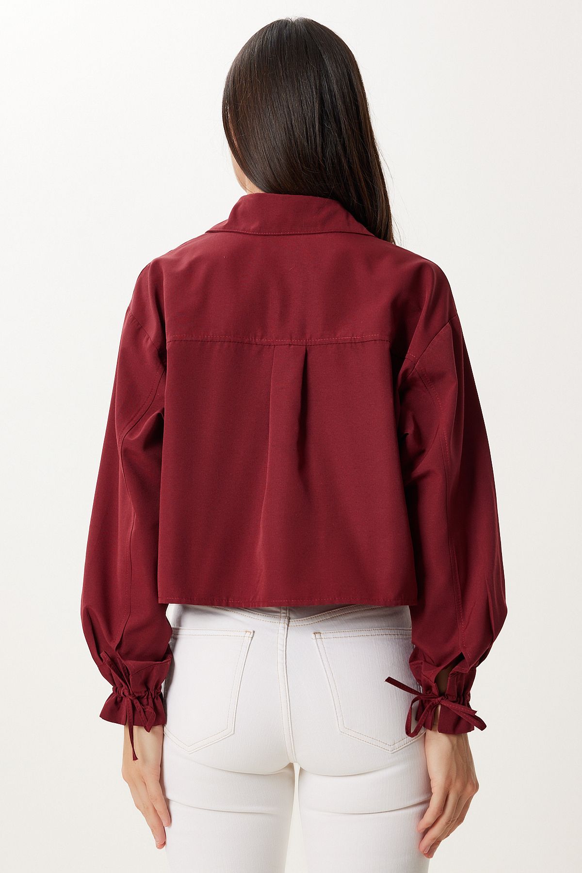 Bordo Bağlama Detaylı Crop Dokuma Gömlek BV00178