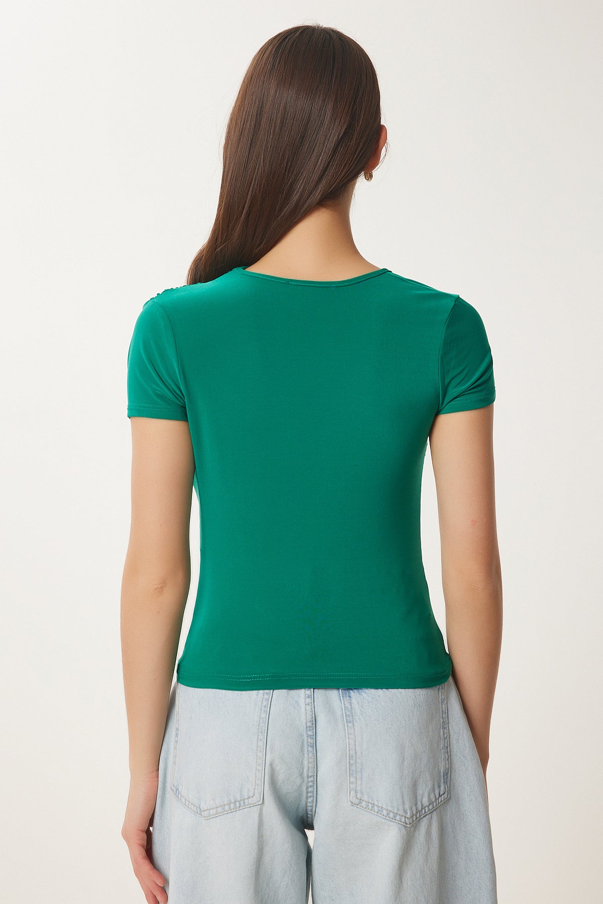 Yeşil Drape Detaylı Sandy Örme Bluz Lİ00115