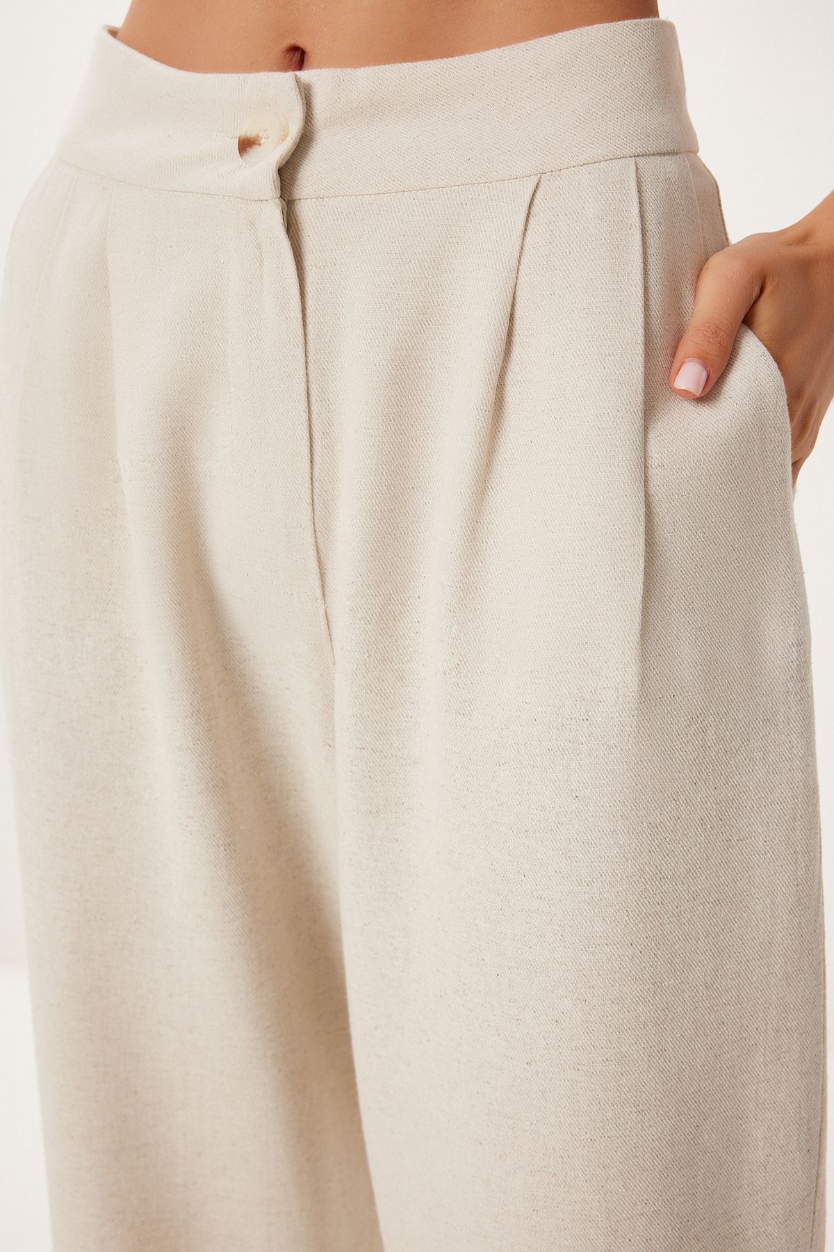 Krem Cepli Keten Şalvar Pantolon BV00164