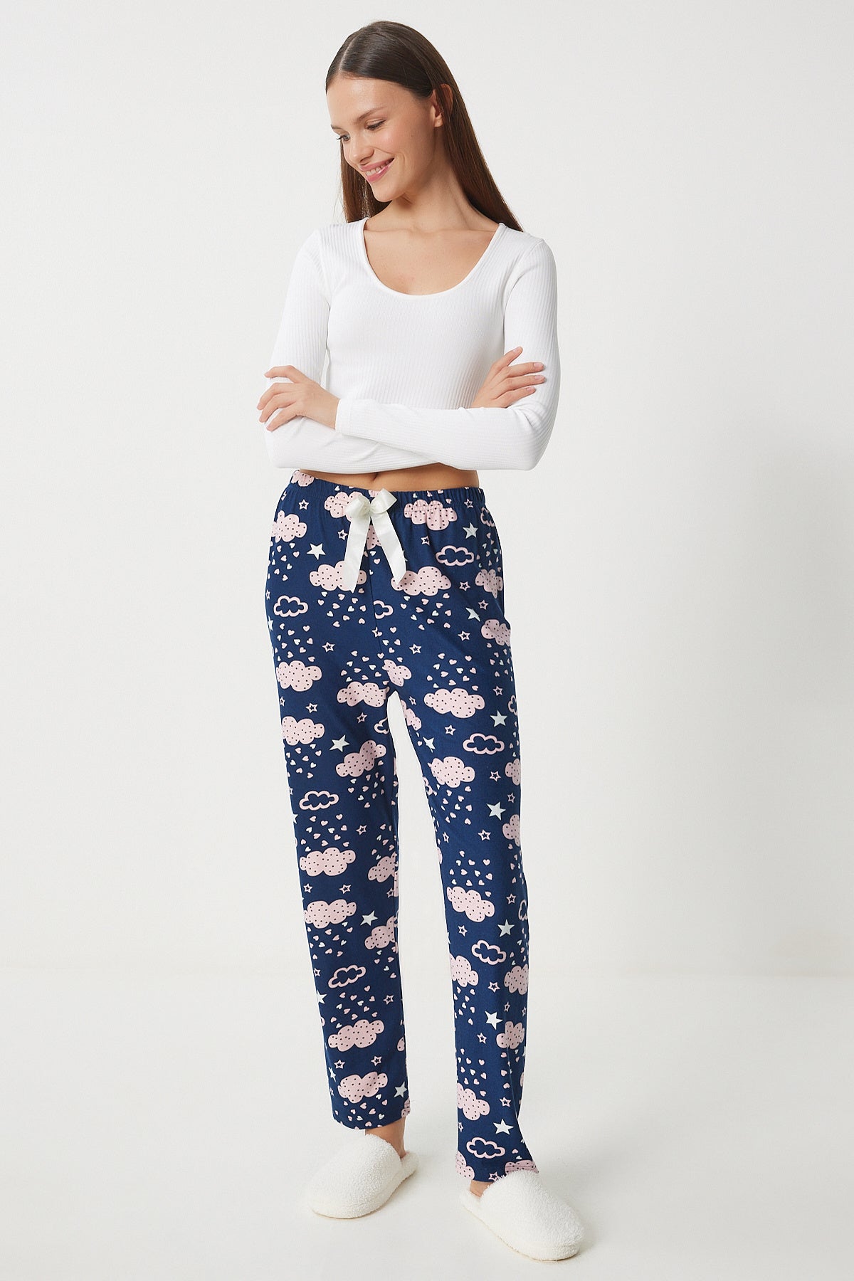 Lacivert Pembe Desenli Yumuşak Dokulu Örme Pijama Altı EC00047