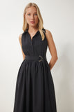 Siyah Kemerli Poplin Midi Gömlek Elbise UB00354