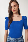 Koyu Mavi Kare Yaka Fitilli Crop Bluz GT00007