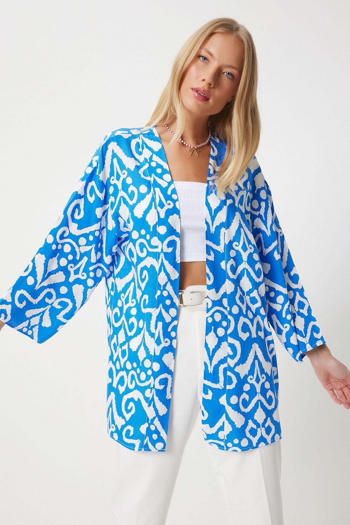 Canlı Mavi Desenli Viskon Kimono EN00615