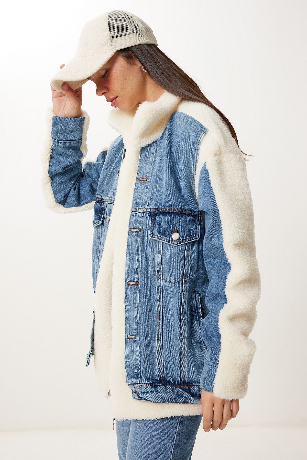 Kemik Mavi Denim Detaylı Peluş Ceket Mont DD01368
