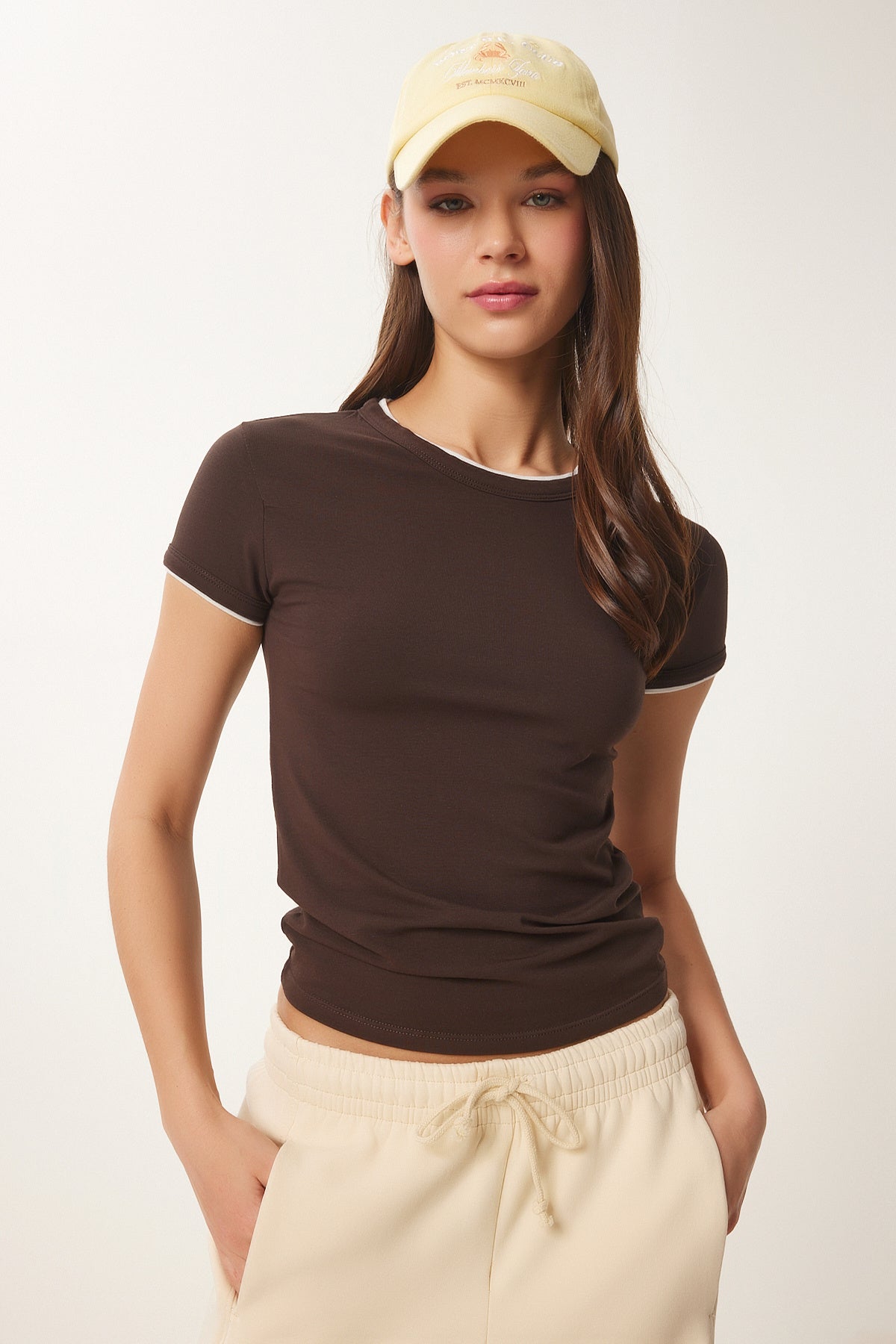 Kahverengi Kemik Kontrast Renkli Örme T-Shirt UB00369