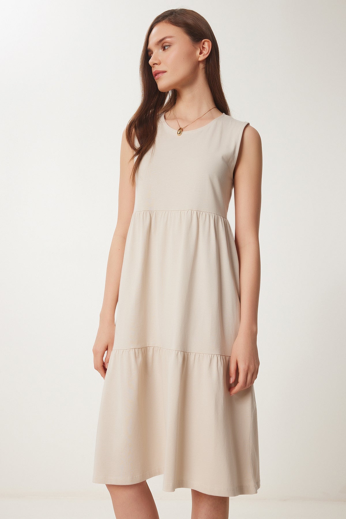 Krem Kolsuz Basic Yazlık Örme Elbise CR00479