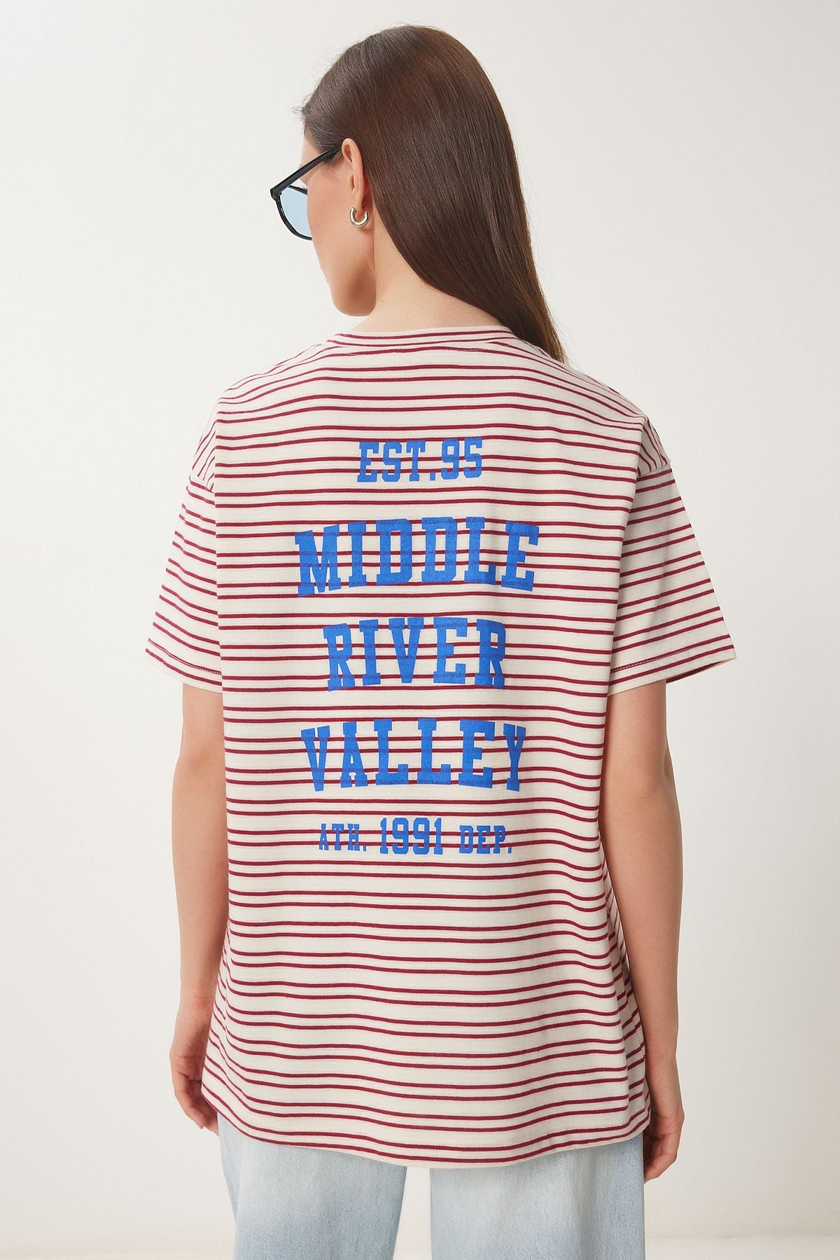 Krem Bordo Çizgili Baskılı Örme T-Shirt CR00487