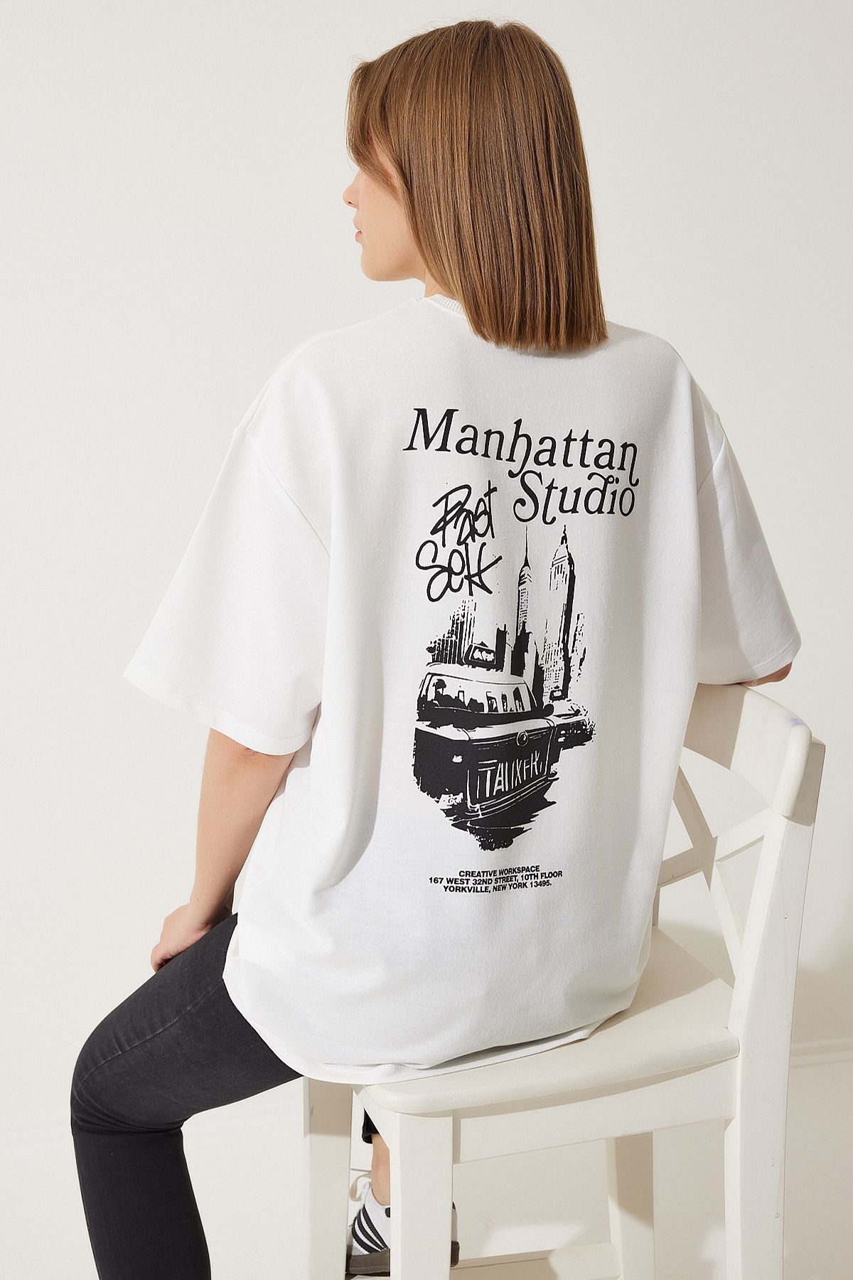 Beyaz Baskılı Oversize İki İplik Örme T-Shirt AN00191