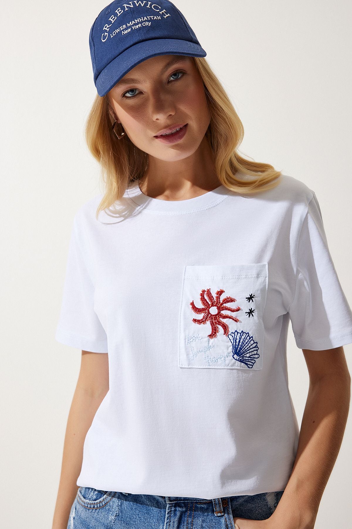 Beyaz Bisiklet Yaka İşlemeli Örme T-Shirt CR00425