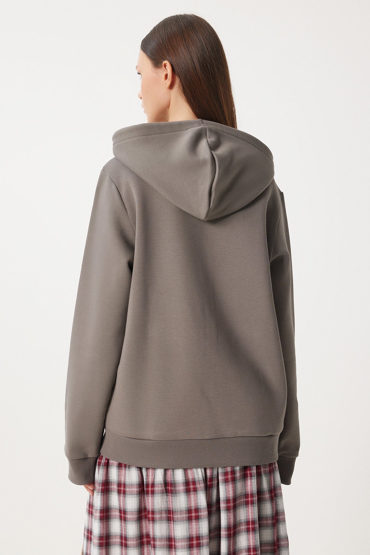 Füme Kapüşonlu Şardonlu Fermuarlı Oversize Sweatshirt VN00016