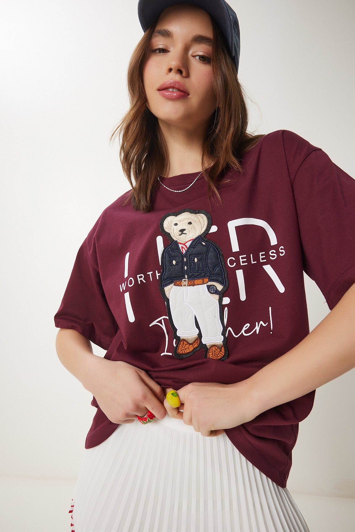Bordo Ayıcık Armalı Pamuklu Oversize Örme T-Shirt CR00452