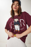 Bordo Ayıcık Armalı Pamuklu Oversize Örme T-Shirt CR00452