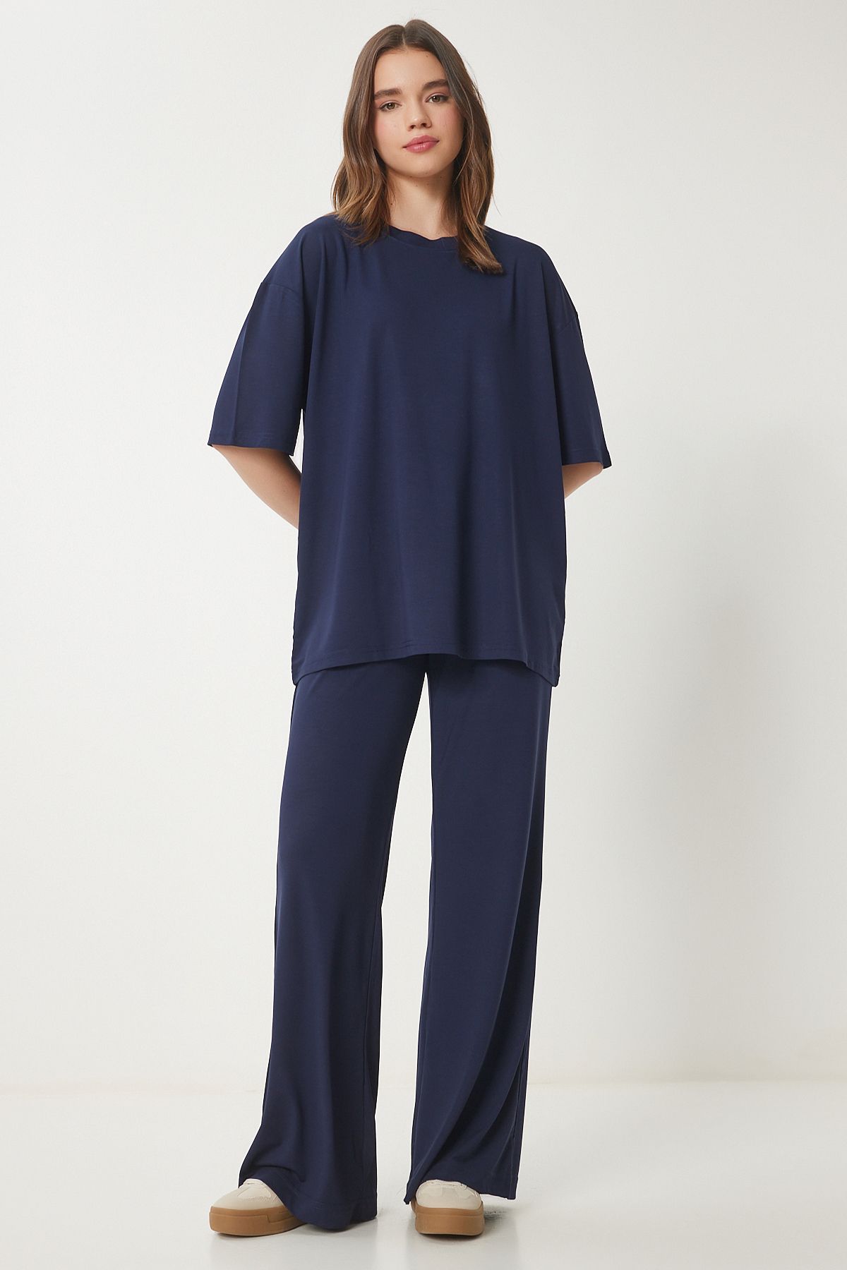 Lacivert Oversize Örme T-Shirt Pantolon Takım FN03452