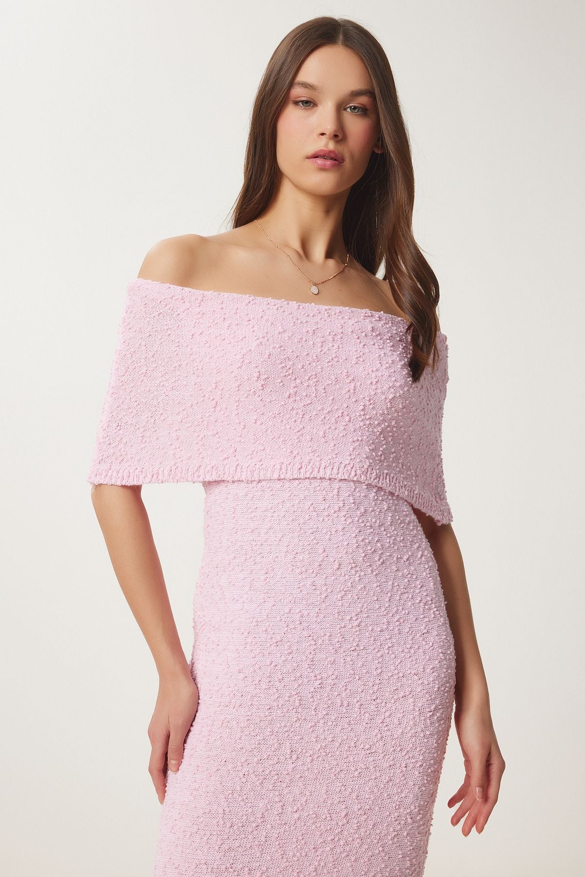 Pembe Carmen Yaka Yazlık Triko Elbise YY00234