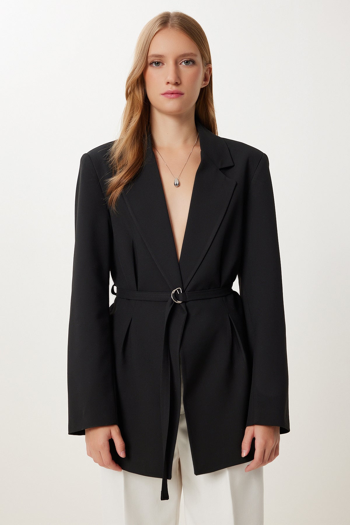 Siyah Vatkalı Kemerli Blazer Dokuma Ceket KT00023