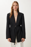 Siyah Vatkalı Kemerli Blazer Dokuma Ceket KT00023