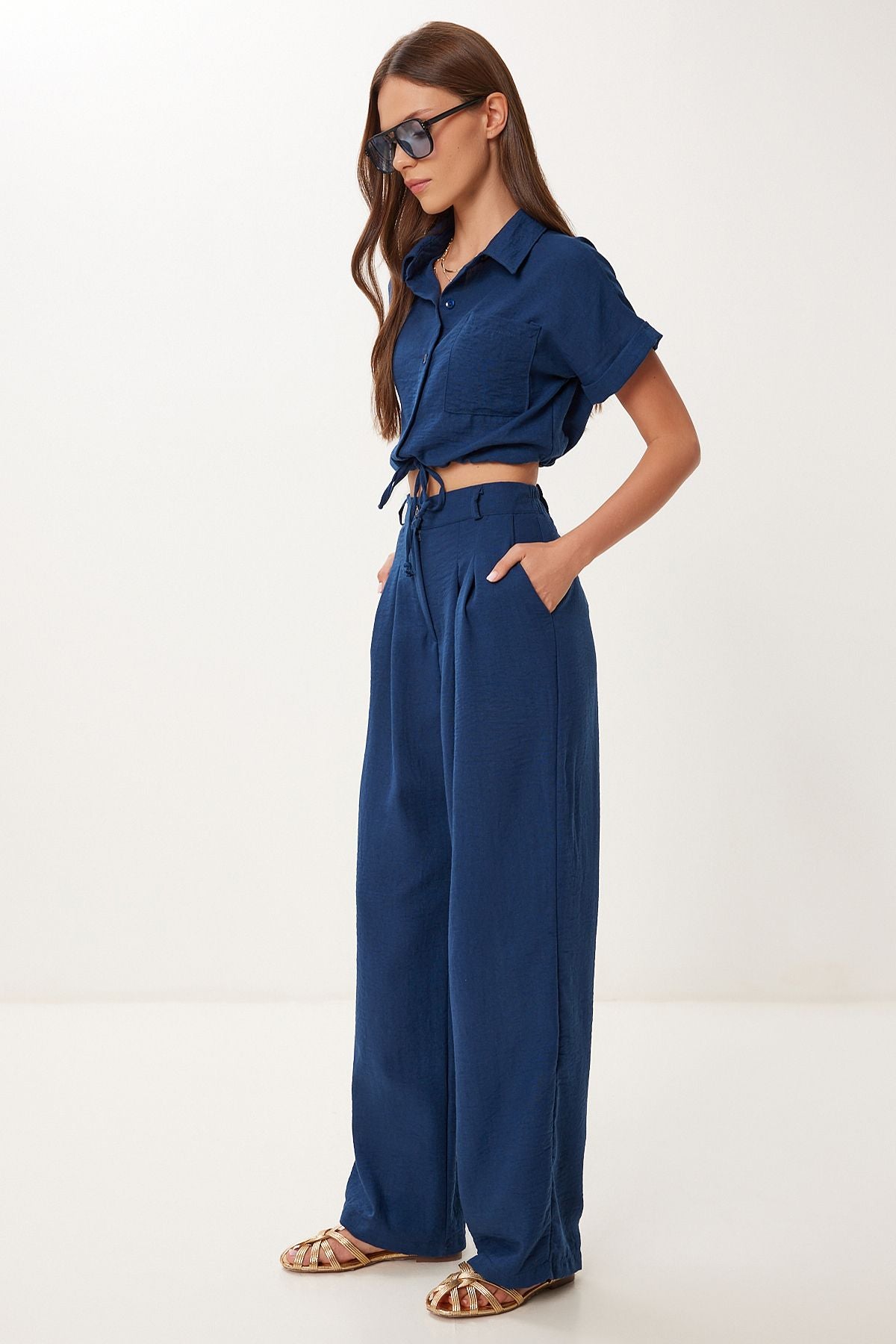 Lacivert Keten Crop Gömlek Pantolon Takım BV00149