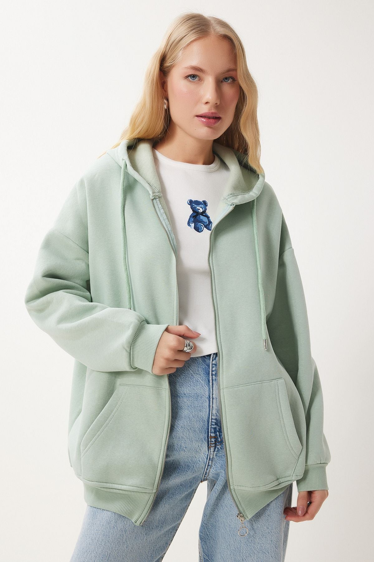 Su Yeşili Kapüşonlu Fermuarlı Oversize Sweatshirt UB00124
