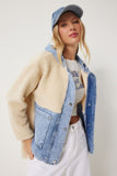 Krem Mavi Kapüşonlu Denim Detaylı Peluş Ceket NT00435