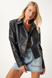 Siyah Suni Deri Crop Biker Ceket  FN03305
