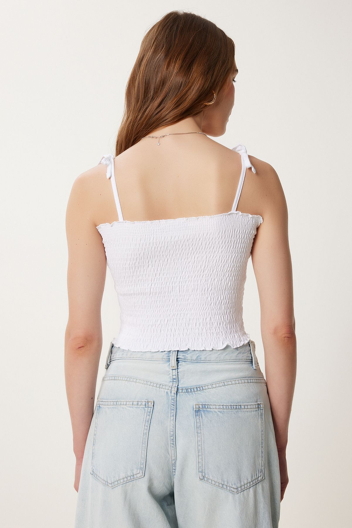 Gök Mavi Beyaz 2’Li Paket Askılı Esnek Crop Örme Bluz WF00157