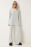 Gri Rahat Fitilli Örme Bluz Pantolon Takım RG00047