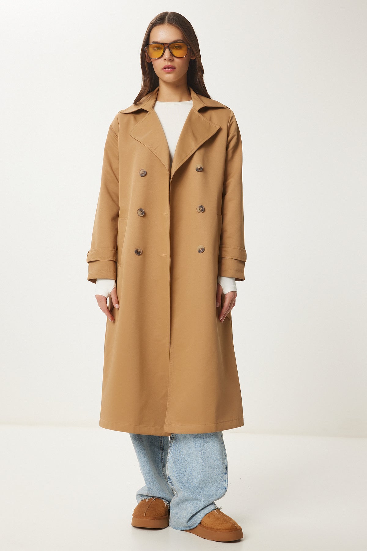 Camel Kruvaze Yaka Kuşaklı Mevsilik Trençkot DD01346