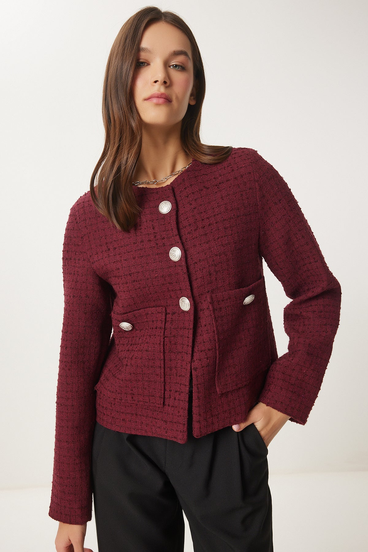 Bordo Düğmeli Tüvit Ceket WF00048