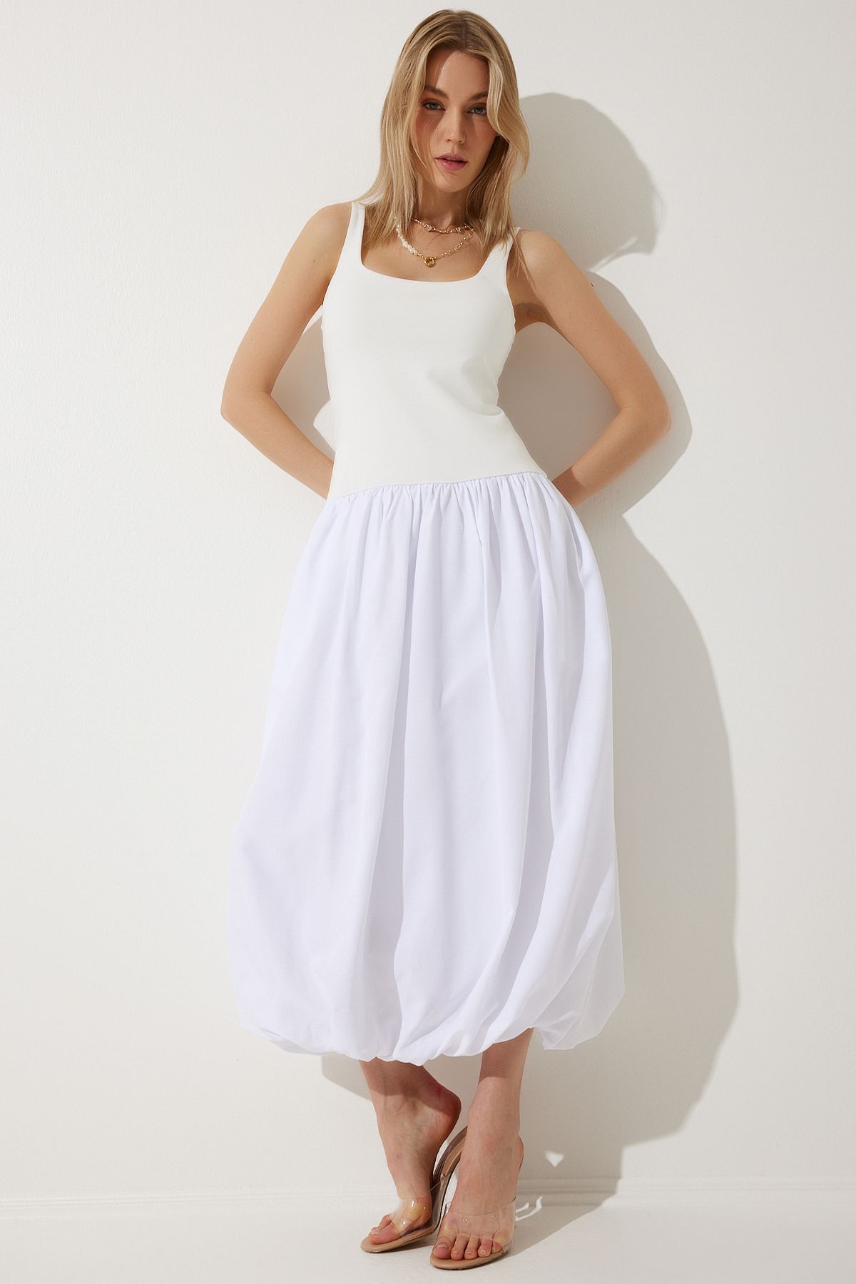 Beyaz Balon Midi Elbise UB00276